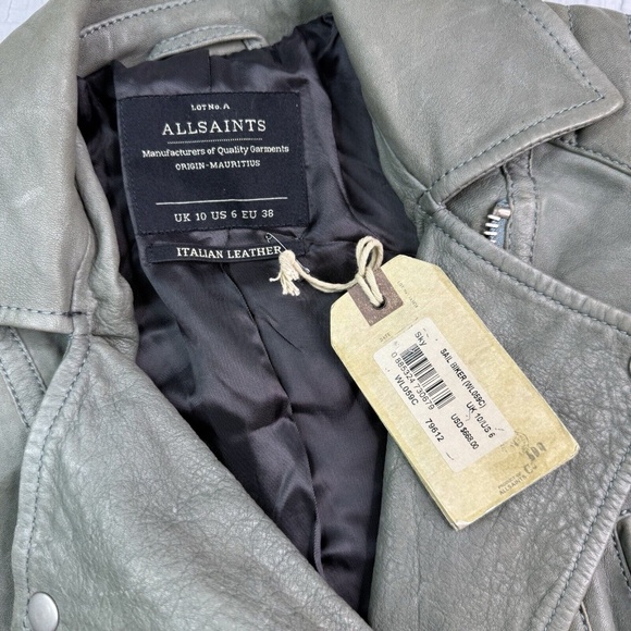 AllSaints Leather Sail Biker Moto Jacket Green Women's Size US 6 NWT Distressed - Picture 7 of 14